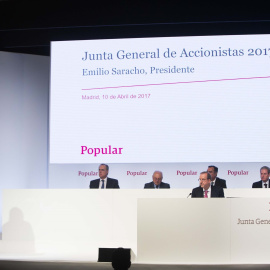 El presidente del Banco Popular, Emilio Saracho, durante su intervención en la junta de accionistas de la entidad. E.P./Máximo García de la Paz