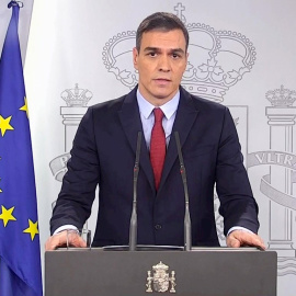 Captura de vídeo del presidente del Gobierno, Pedro Sánchez, en una declaración institucional en el Palacio de la Moncloa. EFE/EFE-TV