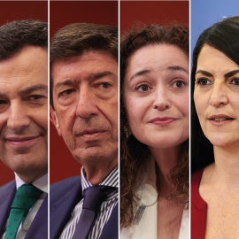  Montaje fotográfico con los candidatos de las elecciones al Parlamento de Andalucía. De izquierda a derecha: Juan Espadas (PSOE), Juan Manuel Moreno (PP), Juan Marín (Ciudadanos), Inmaculada Nieto (Por Andalucía), Macarena Olona (Vox) y Teresa Rodrí