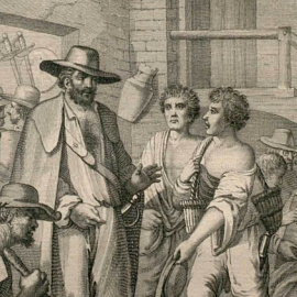 Grabado de ‘Rinconete y Cortadillo’ en la edición de ‘Novelas Exemplares’ (Miguel de Cervantes), impresa en Madrid por Antonio Sancha en 1783. – Biblioteca Nacional