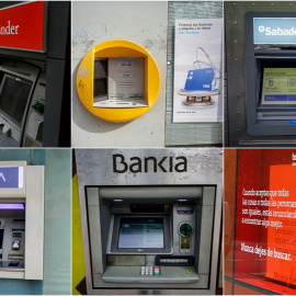 Cajeros automáticos de los seis mayores bancos españoles: Banco Santander, Caixabank, Banco Sabadell, BBVA, Bankia y Bankinter. E.P.