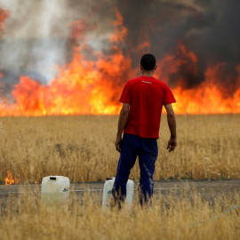  Un hombre contempla el fuego de un incendio en Zamora. REUTERS