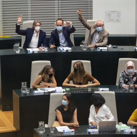  Los miembros de Recupera Madrid (i-d) Marta Higueras; José Manuel Calvo, y Luis Cueto, levantan la mano acompañados de concejales de Más Madrid durante una sesión extraordinaria y urgente en el Palacio de Cibeles, sede del Ayuntamiento de Madrid, a 7