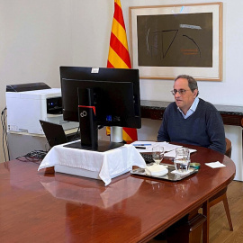 01/04/2020.- El presidente de la Generalitat, Quim Torra, durante una videoconferencia este domingo. EFE/Generalidad