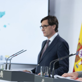 El director del CCAES, Fernando Simón en primer plano y el ministro de Sanidad, Salvador Illa (Foto. Moncloa)