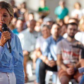 La vicepresidenta segunda y ministra de Trabajo, Yolanda Díaz, interviene en el acto del proyecto político que encabeza, Sumar, en Bilbao. -EFE