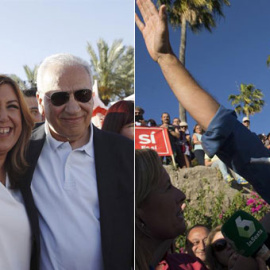 Susana Díaz, con Alfonso Guerra, y Pedro Sánchez en sus respectivos mítines en Sevilla. EFE