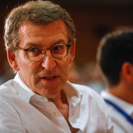  Alberto Núñez Feijóo interviene durante el XIV congreso del Partido Popular catalán, a 23 de julio de 2022, en Barcelona.- Kike Rincón / EP