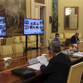 14/05/2020.- La ministra de Educación y Formación Profesional, Isabel Celaá (3d), participa en la Conferencia Sectorial telemática con los consejeros autonómicos para debatir cómo será el final del curso escolar afectado desde el pasado marzo por l