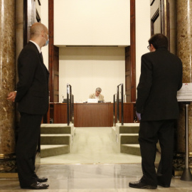 Dos uixers d'esquenes mirant el diputat de JxCat i president de la Comissió d'investigació del 155, Toni Morral. ACN/ Gerard Artigas