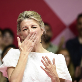 La vicepresidenta segunda del Gobierno, Yolanda Díaz, durante la presentación de su candidatura de Sumar a las elecciones generales en el polideportivo Magariños de Madrid.- Víctor Lerena / EFE