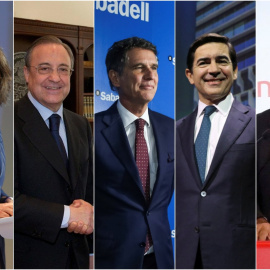 De izq. a der., Ana Botín (presidenta del Banco Santander), Florentino Pérez (presidente de ACS), Jaime Guardiola (consejero delegado del Banco Sabadell), Carlos Torres (presidente de BBVA), y José Antonio Álvarez (consejero delegado de Banco Santande