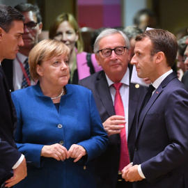 Pedro Sánchez en una imagen de archivo de 2018, con Angela Merkel, Emanuel Macron y Jean-Claude Juncker. AFP