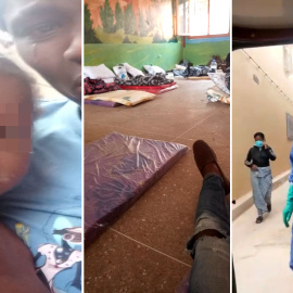 Tres capturas de vídeo difundidos por los migrantes en los que se muestran a una mujer encerrada con su hija, los colchones en el suelo de una escuela convertida en centro de internamiento improvisado y la detención de una mujer migrante para trasladarl