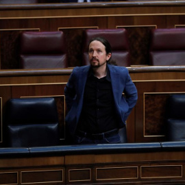 El vicepresidente tercero del Gobierno, Pablo Iglesias, durante el pleno celebrado este miércoles en el Congreso. EFE/Chema Moya