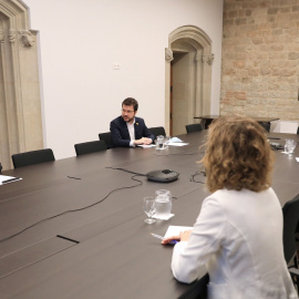 El president de la Generalitat, Quim Torra; el vicepresident i conseller d'Economia, Pere Aragonès; la consellera d'Empresa i coneixement, Àngels Chacón i el conseller de Treball, Afers socials i famílies, Chakir El Homrani. Generalitat de Catalunya.