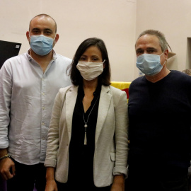 D'esquerra a dreta. el secretari general de CCOO a Catalunya, Javier Pacheco; la nova secretària general de comarques gironines, Belén López, i el fins ara secretari general, Bartomeu Compte, aquest 8 de juny del 2020 (Horitzontal)