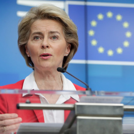 Brussels (Belgium), 17/03/2020.- European Commission President Ursula Von Der Leyen gives a joint press conference with (not pictured) European Council President Charles Michel after a video conference of the European Council on EU action on Coronavirus,