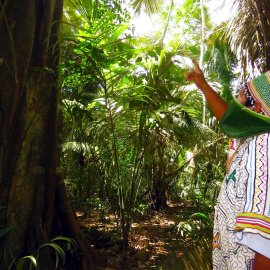 Fotografía cedida por la Asociación Interétnica de Desarrollo de la Selva Peruana (AIDESEP) que muestra a un indígena del pueblo Shipibo que utiliza una mascarilla hecha de hojas, en la provincia de Uyacalí, departamento de Loreto (Perú). / EFE