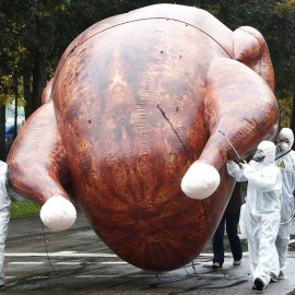 Protesta contra la comercialización de pollos clorados. / REUTERS