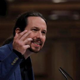 El vicepresidente Pablo Iglesias en su intervención de esta mañana en el Congreso./ Chema Moya (EFE)