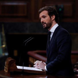 06/05/2020.- El líder del PP, Pablo Casado durante su intervención en el pleno del Congreso. / EFE - J.J. Guillén