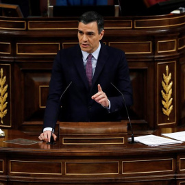 El presidente del Gobierno en funciones, Pedro Sánchez, hoy sábado en el Congreso de los Diputados durante su intervención