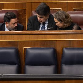 Los diputados del PP Guillermo Mariscal, Carlos Rojas y la portavoz parlamentaria del PP en el Congreso, Cuca Gamarra, durante una sesión plenaria en el Congreso de los Diputados, a 14 de diciembre de 2022, en Madrid (España).- EUROPA PRESS