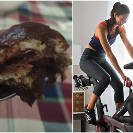 La tarta de la abuela de Eva y una joven pedaleando en una bicicleta estática. / REUTERS
