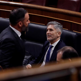 El líder de Vox, Santiago Abascal (i) pasa ante el minitro de Interior, Fernando Grande-Marlaska, tras su intervención en el pleno del Congreso. /EFE