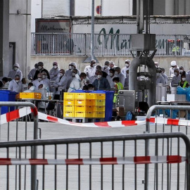 soldados germanos haciendo el test del coronavirus a los empleados de la factoría cárcnica Toennie. EFE/EPA/KORTE / BUNDESWEHR / HANDOUT