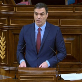 El presidente del Gobierno, Pedro Sánchez, en su comparecencia de este jueves en el Congreso de los Diputados, para reclamar el apoyo a la prórroga del estado de alarma para luchar contra el Covid-19.