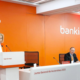 La consejera delegada de Bankinter, María Dolores Dancausa, en su intervención en la junta de accionistas del banco. E.P.