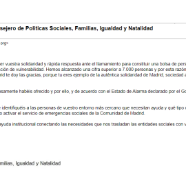 Correo enviado desde la Comunidad de Madrid a sus voluntarios. / Público