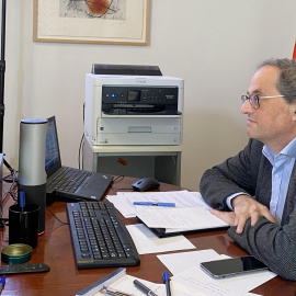 El president de la Generalitat durant la reunió telemàtica del Consell Executiu extraordinari d'aquest dissabte.