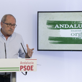 El secretario de Organización del PSOE de Andalucía, Juan Cornejo, durante su comparecencia en Sevilla, un día después de la derrota de la presidenta de la Junta, Susana Díaz, ante Pedro Sánchez en las primarias federales. EFE/Julio Muñoz
