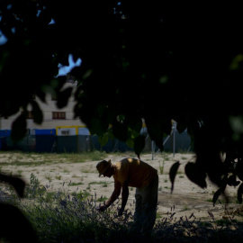 Un hombre trabaja en uno bancal colectivo de un huerto urbano de Madrid. (Dani Pozo/AFP)