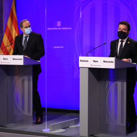 El president del Govern, Quim Torra, i el vicepresident, Pere Aragonès, durant la compareixença. JORDI BEDMAR / GOVERN