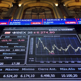Panel informativo en el patio de negociación de la Bolsa de Madrid. EFE/Ana Bornay
