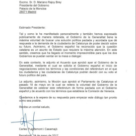 Carta adreçada pel president de la Generalitat, Carles Puigdemont, al president del govern Mariano Rajoy