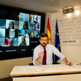 El líder del PP, Pablo Casado, en rueda de prensa telemática con periodistas. Fuente: PP