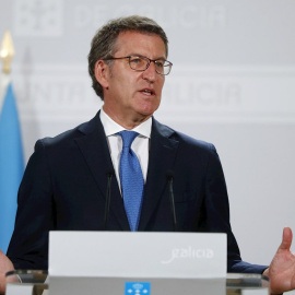23/07/2020.- El presidente de la Xunta en funciones, Alberto Núñez Feijóo, durante la rueda de prensa de hoy. EFE/Lavandeira jr