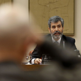 El presidente del Tribunal Supremo y del CGPJ , Carlos Lesmes, en la Comisión de Justicia del Congreso. EFE