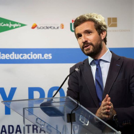 El presidente del Partido Popular, Pablo Casado, durante su intervención en la VIII Edición del curso de verano "Prensa y Poder", organizado por el Colegio San Gabriel bajo el título "La España vacía y vaciada tras la pandemia. De la realidad actual 