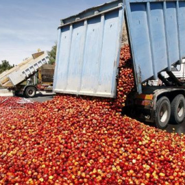 Camión volcando frutas y verduras./EFE