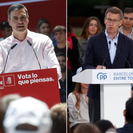 Collage del secretario general del PSOE y presidente del Gobierno, Pedro Sánchez, y el presidente del Partido Popular, Alberto Nuñez Feijóo participan en los mítines de sus respectivos partidos
