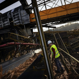 Un trabajador en la planta de biomasa de Ence en Pontevedra. AFP/Miguel Riopa