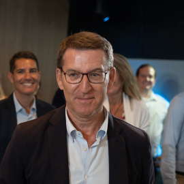  El presidente del PP, Alberto Núñez Feijóo, durante un acto sectorial sobre economía, a 26 de junio de 2023, en Barcelona. -DAVID ZORRAKINO / Europa Press