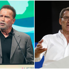  A la izquierda, el actor y político Arnold Schwarzenegger; a la derecha, el candidato a la presidencia del Gobierno del Partido Popular, Alberto Núñez Feijóo. Las imágenes son de Europa Press