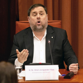 28/01/2020.- El exvicepresidente de la Generalitat, Oriol Junqueras, condenado a prisión por el 1-0, durante su intervención en la reunión de la comisión de investigación del Parlament sobre la aplicación del artículo 155 de la Constitución, donde